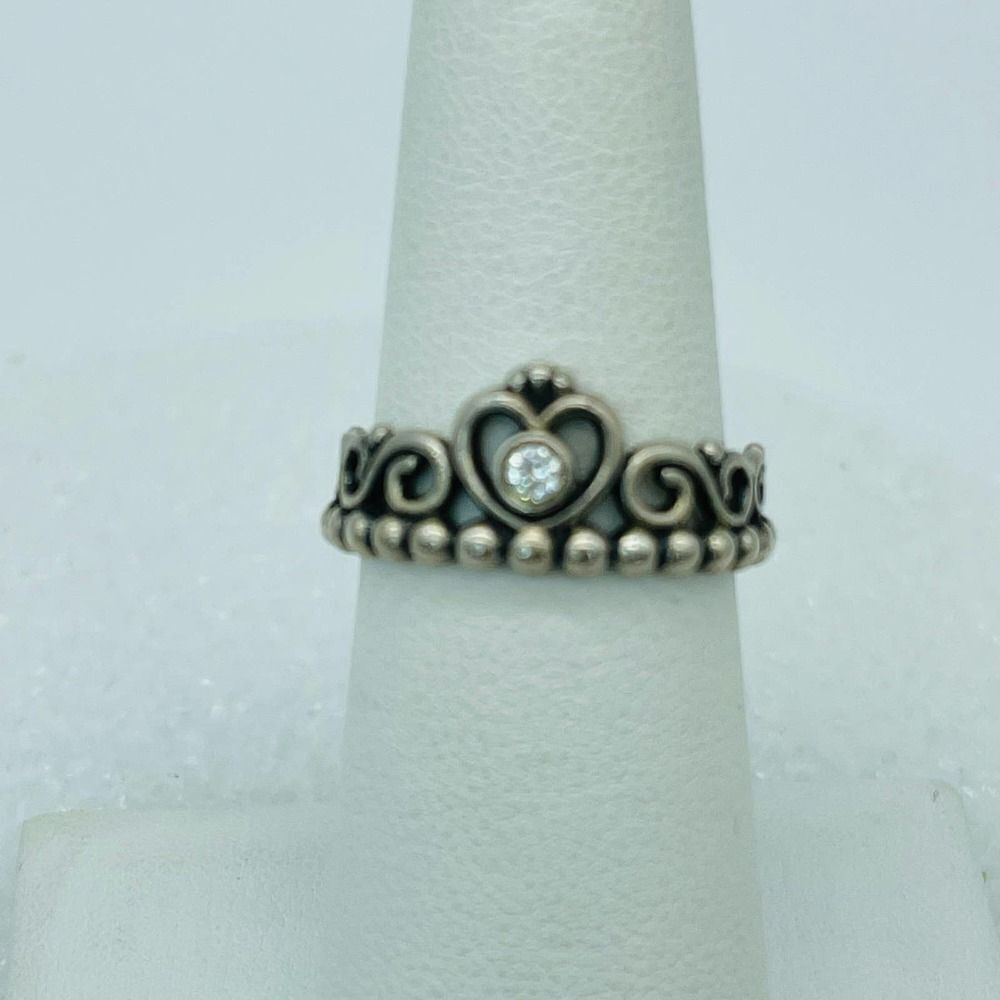 Vintage Sterling Silver Signed 925 ALE Pandora CZ Stone Heart Tiara Ring Size 6.